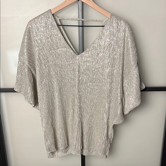 ANTHROPOLOGIE VANESSA VIRGINIA METALLIC FLUTTER SLEEVE TOP Small - Picture 1 of 7